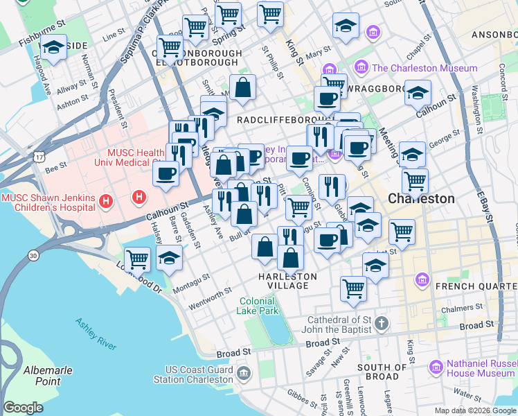 map of restaurants, bars, coffee shops, grocery stores, and more near 13 Smith Place in Charleston