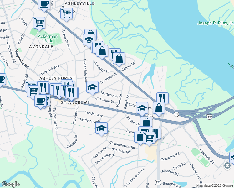 map of restaurants, bars, coffee shops, grocery stores, and more near 13 Morton Avenue in Charleston