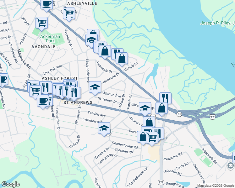 map of restaurants, bars, coffee shops, grocery stores, and more near 13 Morton Avenue in Charleston
