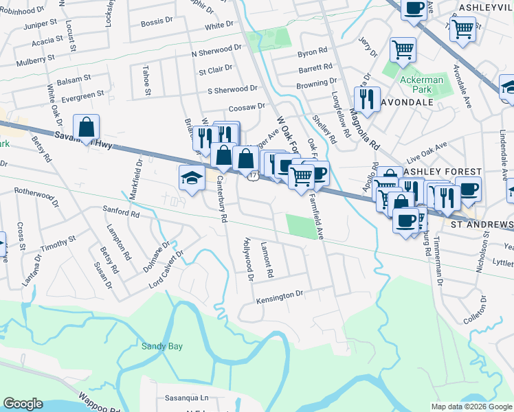 map of restaurants, bars, coffee shops, grocery stores, and more near 1248 Parkwood Estates Drive in Charleston