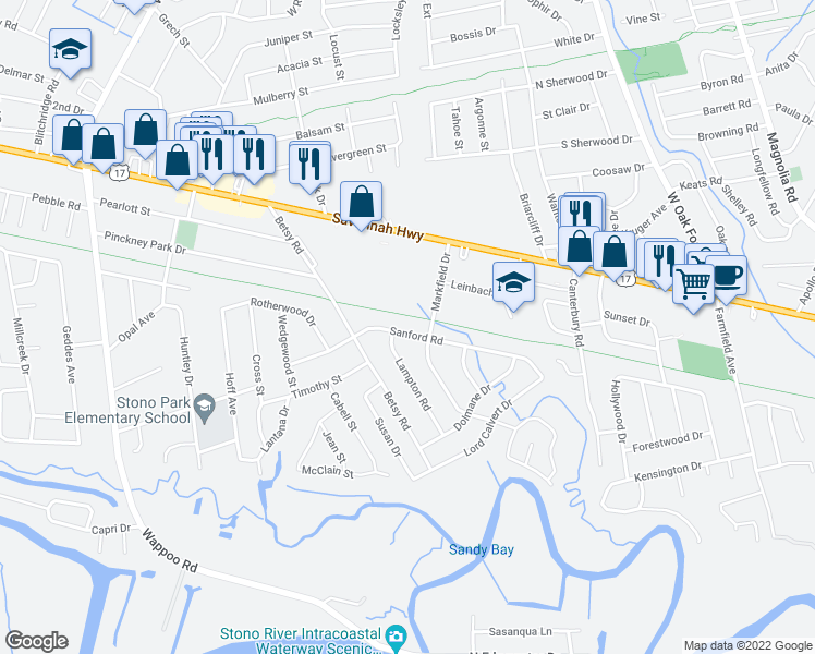map of restaurants, bars, coffee shops, grocery stores, and more near 1587 Sanford Road in Charleston
