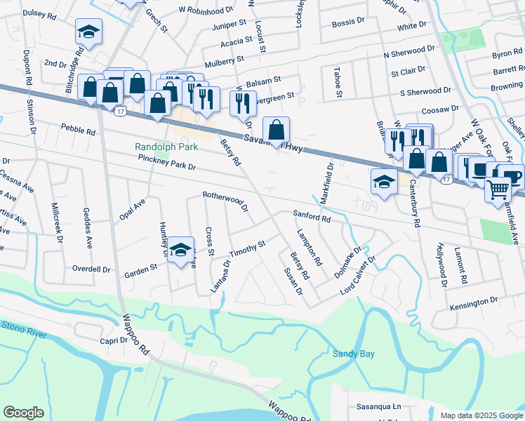 map of restaurants, bars, coffee shops, grocery stores, and more near 376 Betsy Road in Charleston