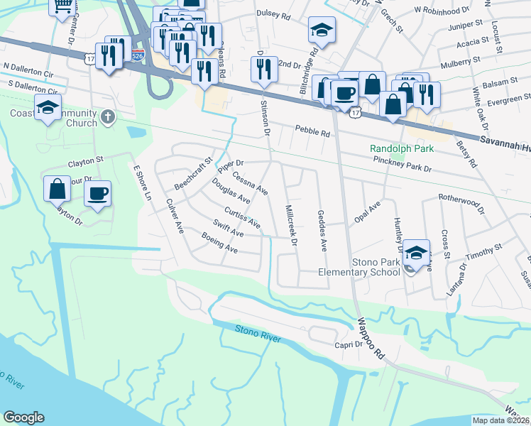 map of restaurants, bars, coffee shops, grocery stores, and more near 314 Curtiss Avenue in Charleston