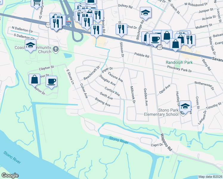 map of restaurants, bars, coffee shops, grocery stores, and more near 311 Stinson Drive in Charleston