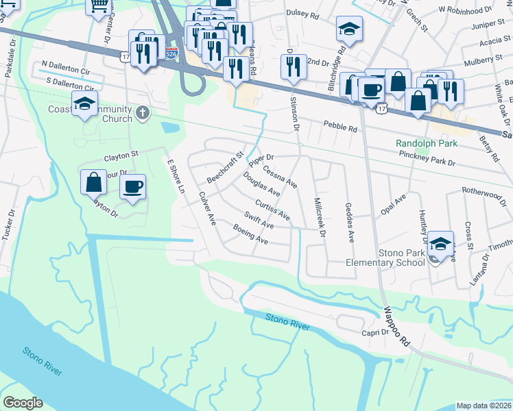 map of restaurants, bars, coffee shops, grocery stores, and more near 311 Stinson Drive in Charleston