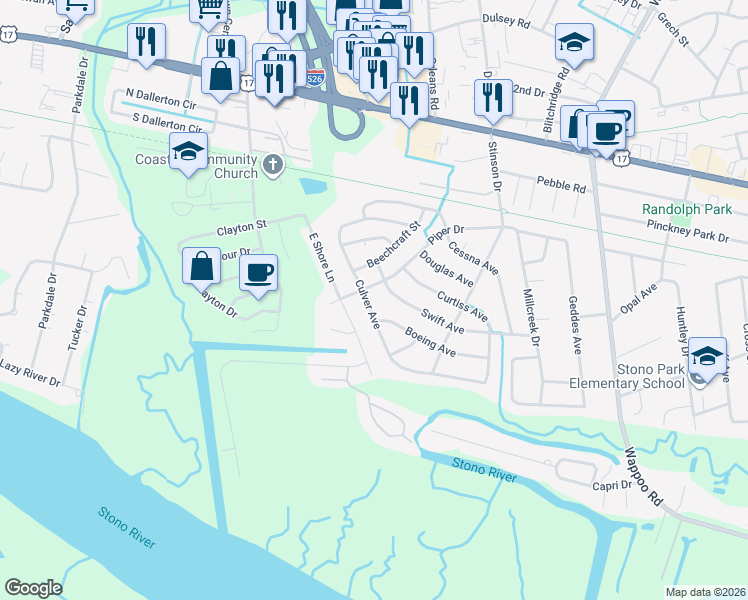 map of restaurants, bars, coffee shops, grocery stores, and more near 2038 Boeing Avenue in Charleston