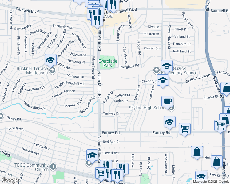 map of restaurants, bars, coffee shops, grocery stores, and more near 7121 Lanyon Drive in Dallas