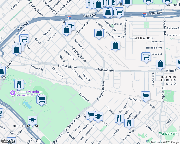 map of restaurants, bars, coffee shops, grocery stores, and more near 1623 South Fitzhugh Avenue in Dallas