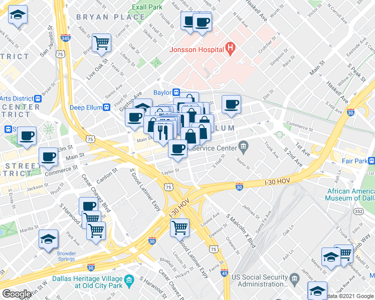 map of restaurants, bars, coffee shops, grocery stores, and more near 2908 Canton Street in Dallas