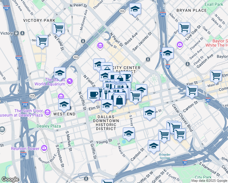 map of restaurants, bars, coffee shops, grocery stores, and more near 405 North Ervay Street in Dallas