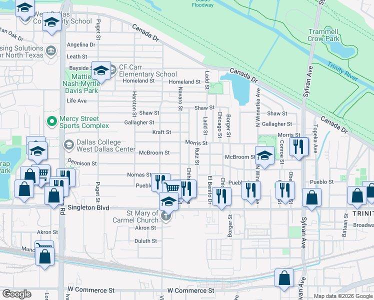map of restaurants, bars, coffee shops, grocery stores, and more near 3322 Navaro Street in Dallas