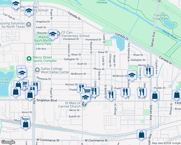 map of restaurants, bars, coffee shops, grocery stores, and more near 3322 Navaro Street in Dallas