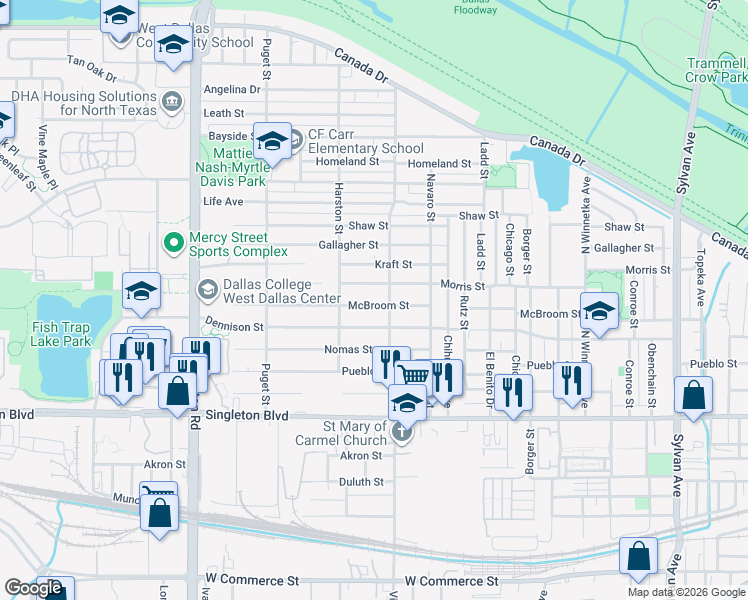 map of restaurants, bars, coffee shops, grocery stores, and more near 1822 McBroom Street in Dallas