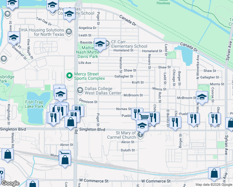 map of restaurants, bars, coffee shops, grocery stores, and more near 1902 McBroom Street in Dallas