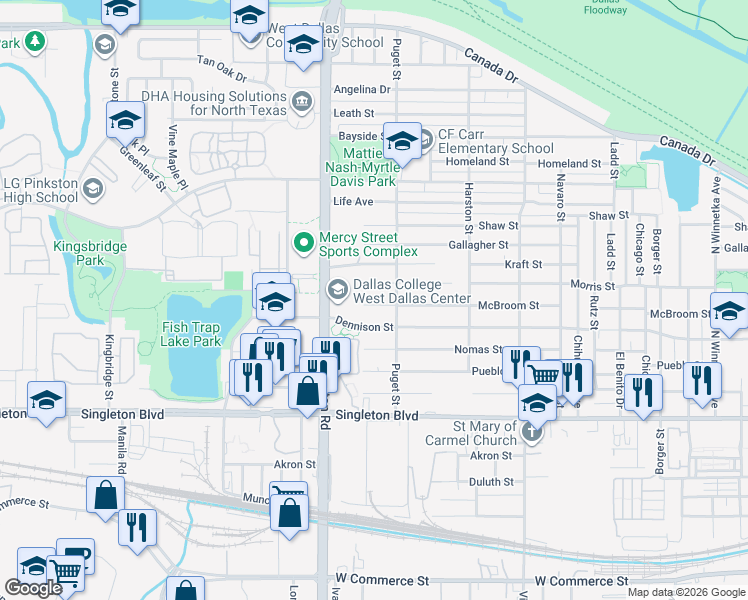 map of restaurants, bars, coffee shops, grocery stores, and more near 2030 McBroom Street in Dallas