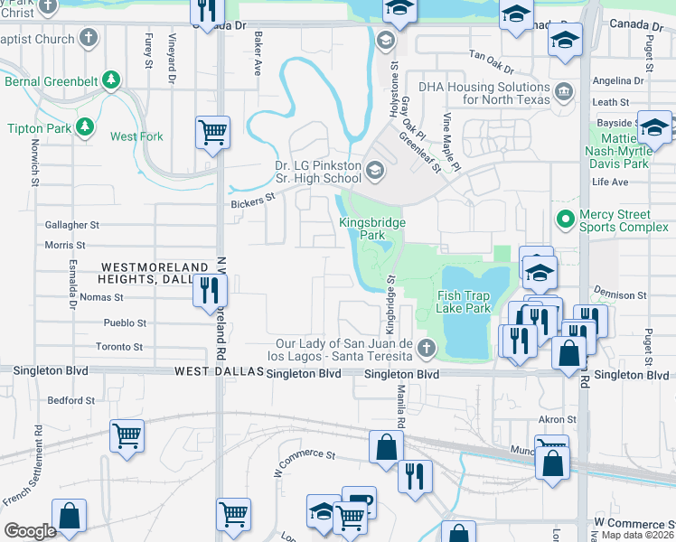 map of restaurants, bars, coffee shops, grocery stores, and more near Fishtrap Lake Park Trail in Dallas