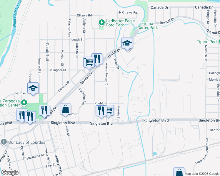 map of restaurants, bars, coffee shops, grocery stores, and more near 3312 Weisenberger Drive in Dallas