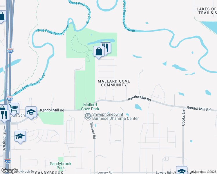 map of restaurants, bars, coffee shops, grocery stores, and more near 136 Goldeneye Lane in Fort Worth