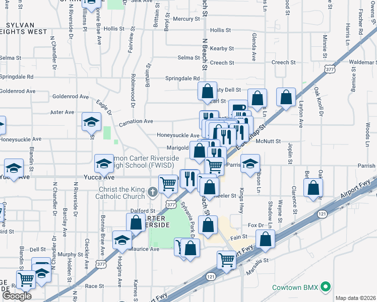map of restaurants, bars, coffee shops, grocery stores, and more near 3813 Primrose Avenue in Fort Worth