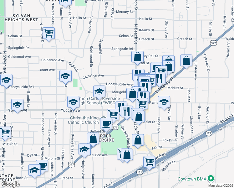 map of restaurants, bars, coffee shops, grocery stores, and more near 1420 Seaman Street in Fort Worth