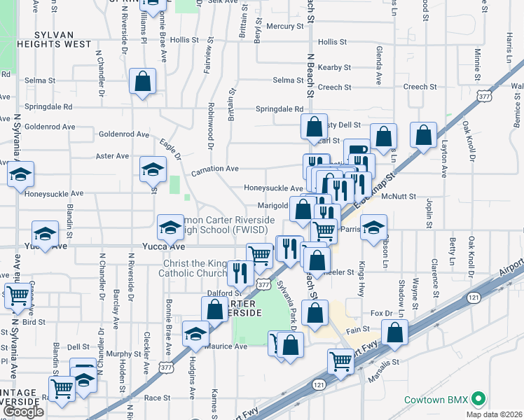 map of restaurants, bars, coffee shops, grocery stores, and more near 1420 Seaman Street in Fort Worth