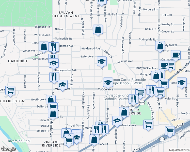map of restaurants, bars, coffee shops, grocery stores, and more near 1409 North Riverside Drive in Fort Worth