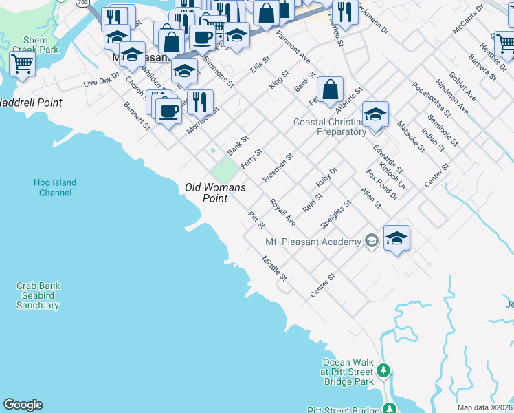 map of restaurants, bars, coffee shops, grocery stores, and more near 640 Pitt Street in Mount Pleasant