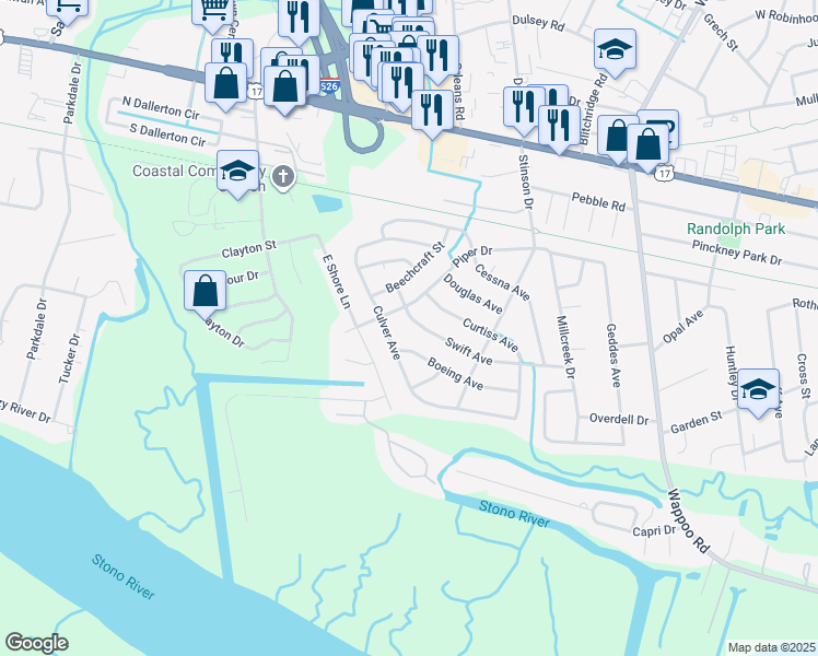 map of restaurants, bars, coffee shops, grocery stores, and more near 2038 Boeing Avenue in Charleston