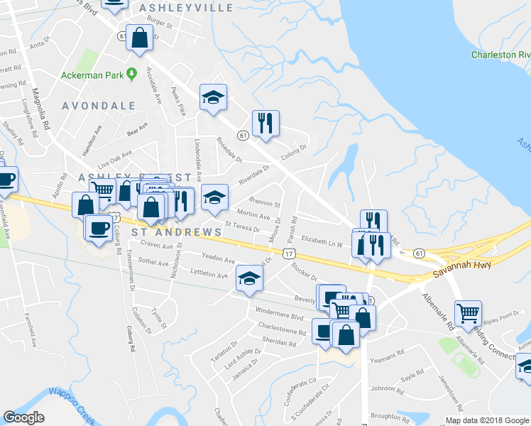 map of restaurants, bars, coffee shops, grocery stores, and more near 12 Morton Avenue in Charleston