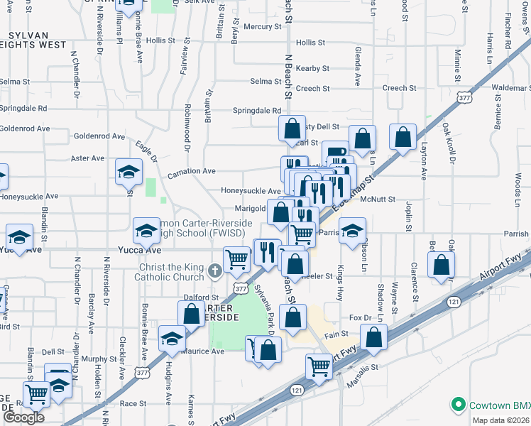 map of restaurants, bars, coffee shops, grocery stores, and more near 3813 Primrose Avenue in Fort Worth