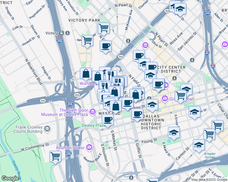 map of restaurants, bars, coffee shops, grocery stores, and more near 1801 North Griffin Street in Dallas
