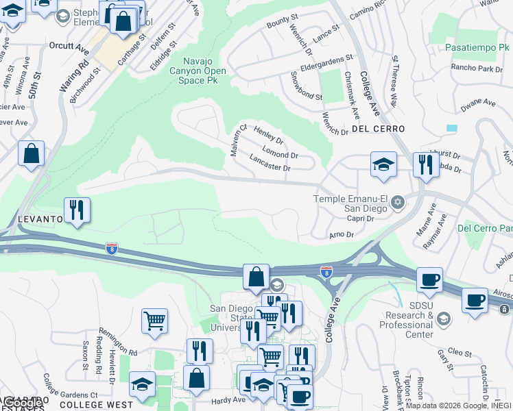 map of restaurants, bars, coffee shops, grocery stores, and more near 5956 Adobe Falls Road in San Diego