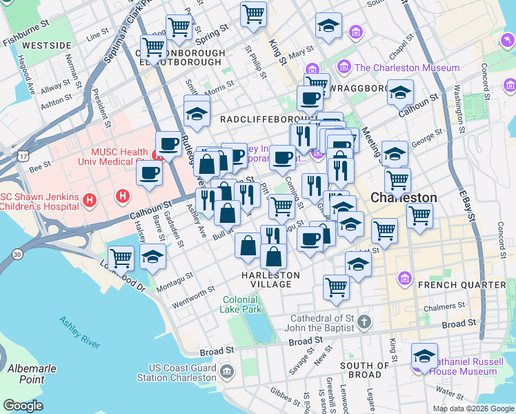 map of restaurants, bars, coffee shops, grocery stores, and more near 52 Bull Street in Charleston