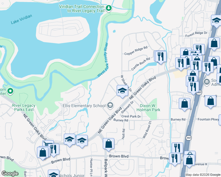 map of restaurants, bars, coffee shops, grocery stores, and more near 2702 Ridge Top Lane in Arlington