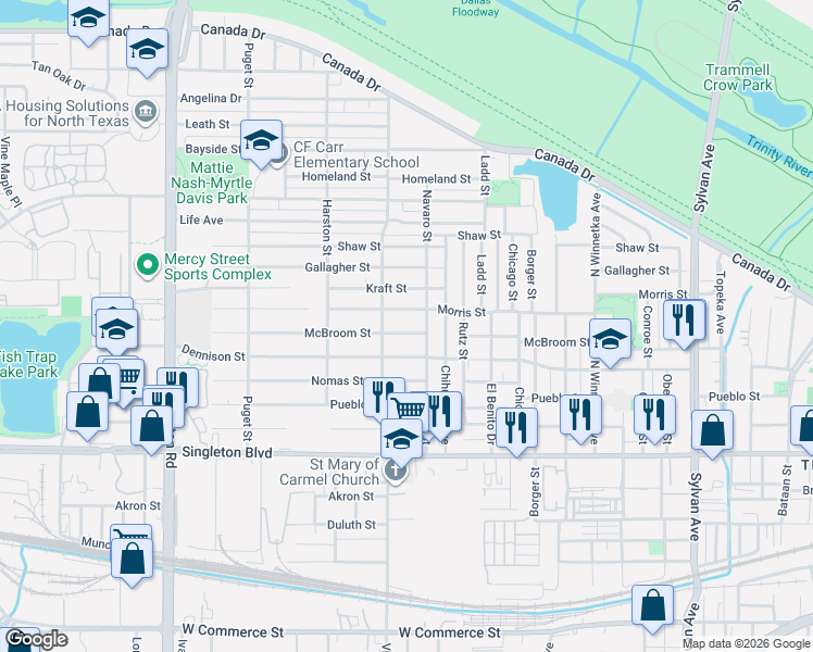 map of restaurants, bars, coffee shops, grocery stores, and more near 1724 McBroom Street in Dallas