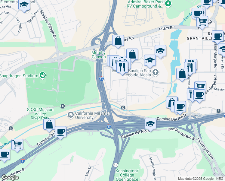 map of restaurants, bars, coffee shops, grocery stores, and more near 5954 Rancho Mission Road in San Diego