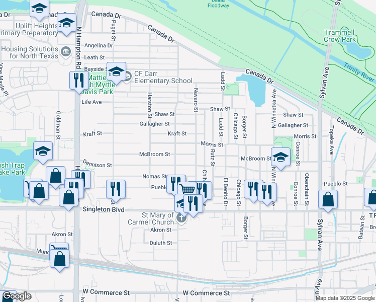 map of restaurants, bars, coffee shops, grocery stores, and more near 1715 McBroom Street in Dallas