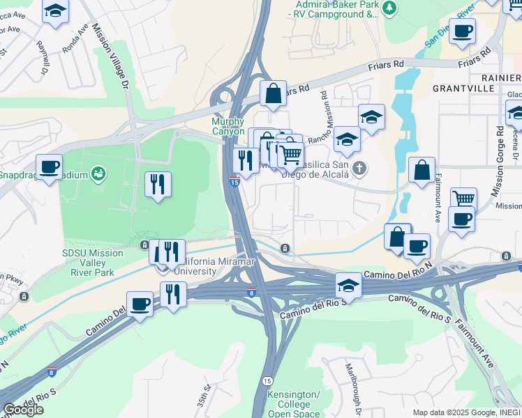 map of restaurants, bars, coffee shops, grocery stores, and more near 5970 Rancho Mission Road in San Diego
