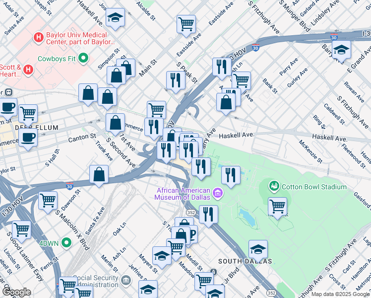 map of restaurants, bars, coffee shops, grocery stores, and more near 824 Exposition Avenue in Dallas