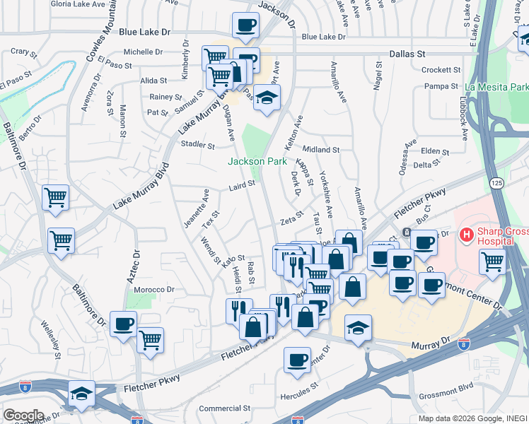 map of restaurants, bars, coffee shops, grocery stores, and more near 5720 Jackson Drive in La Mesa