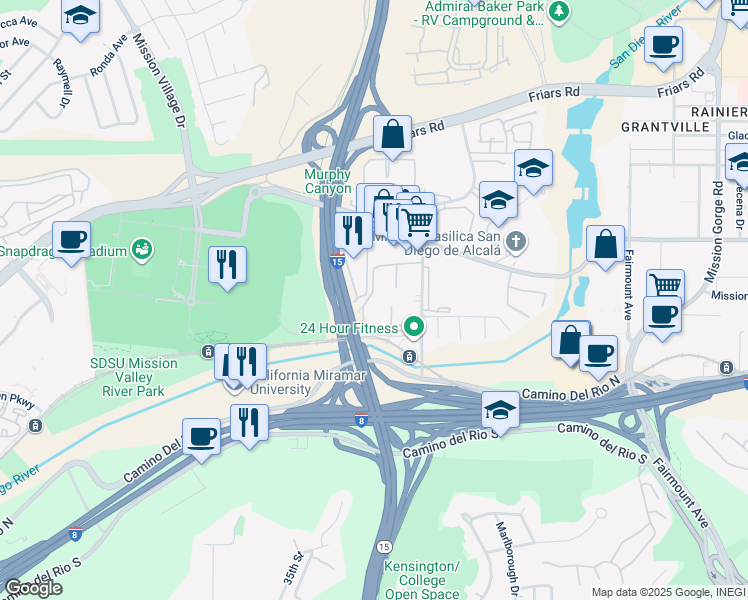 map of restaurants, bars, coffee shops, grocery stores, and more near 5970 Rancho Mission Road in San Diego