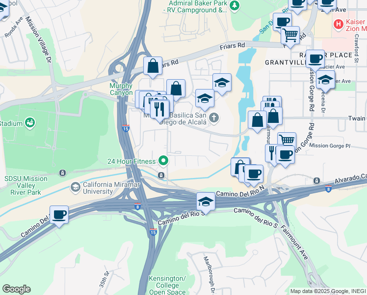 map of restaurants, bars, coffee shops, grocery stores, and more near 5999 Rancho Mission Road in San Diego