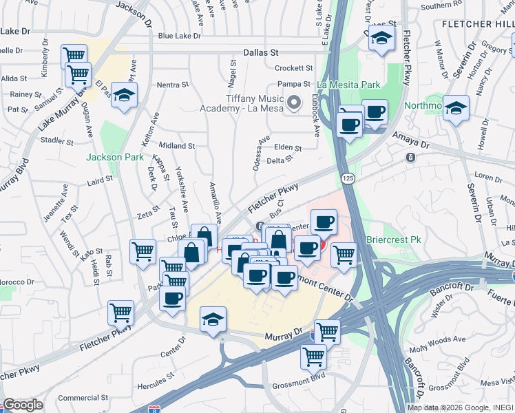 map of restaurants, bars, coffee shops, grocery stores, and more near 8717 Fletcher Parkway in La Mesa