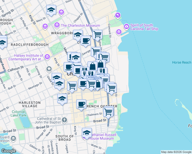map of restaurants, bars, coffee shops, grocery stores, and more near 22 Anson Street in Charleston