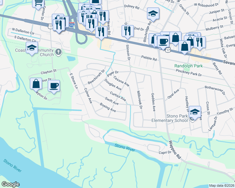 map of restaurants, bars, coffee shops, grocery stores, and more near 311 Stinson Drive in Charleston