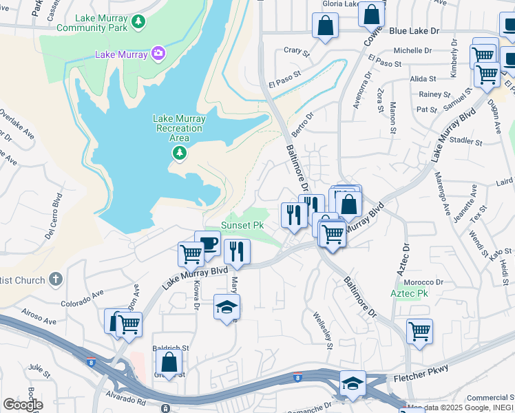 map of restaurants, bars, coffee shops, grocery stores, and more near 5836 Pawnee Drive in La Mesa