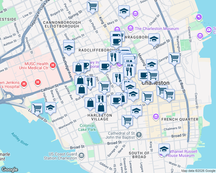 map of restaurants, bars, coffee shops, grocery stores, and more near 11 Bull Street in Charleston