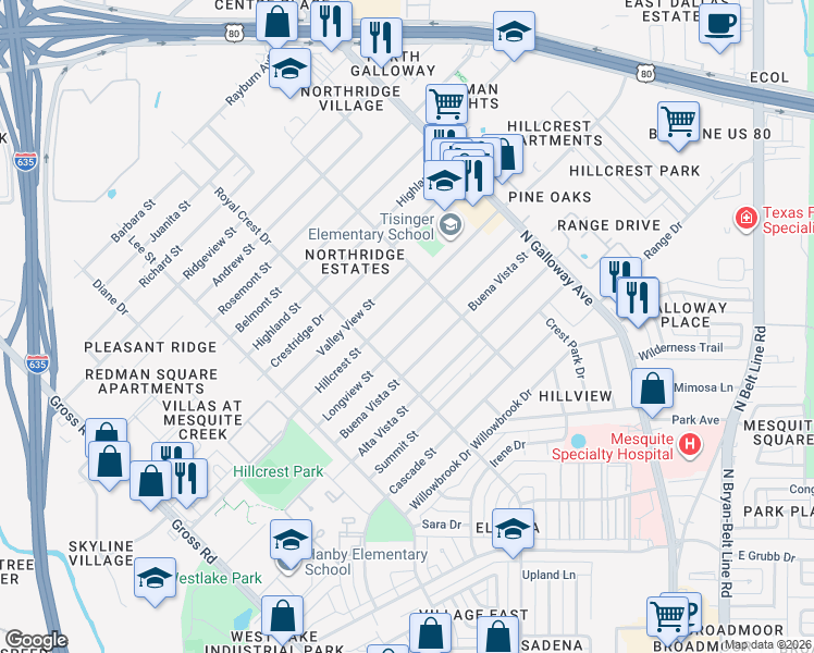 map of restaurants, bars, coffee shops, grocery stores, and more near 1602 Longview Street in Mesquite