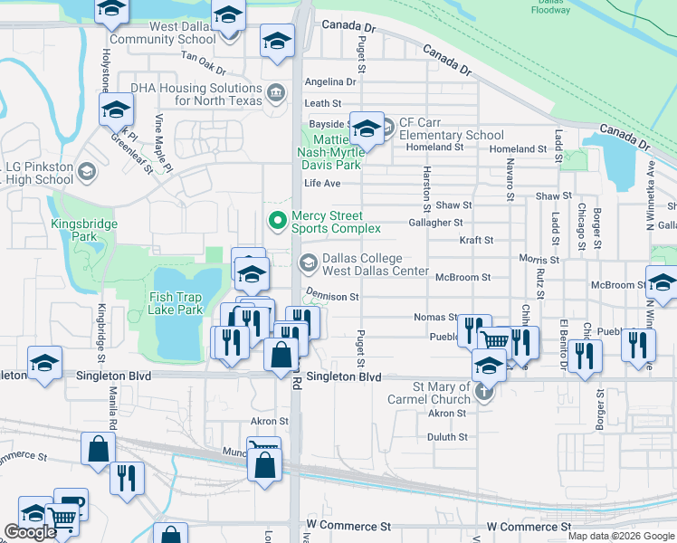map of restaurants, bars, coffee shops, grocery stores, and more near 2030 McBroom Street in Dallas