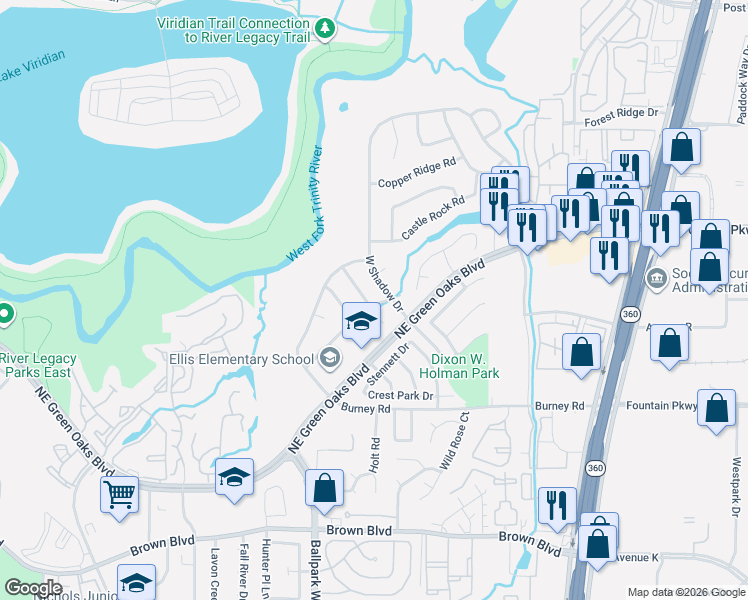 map of restaurants, bars, coffee shops, grocery stores, and more near 2707 Shadow Wood Court in Arlington